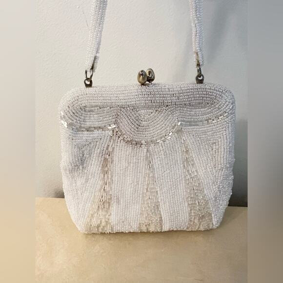 Vintage Handbags - Vintage beaded ivory evening clutch purse grannycore Cottagecore formal